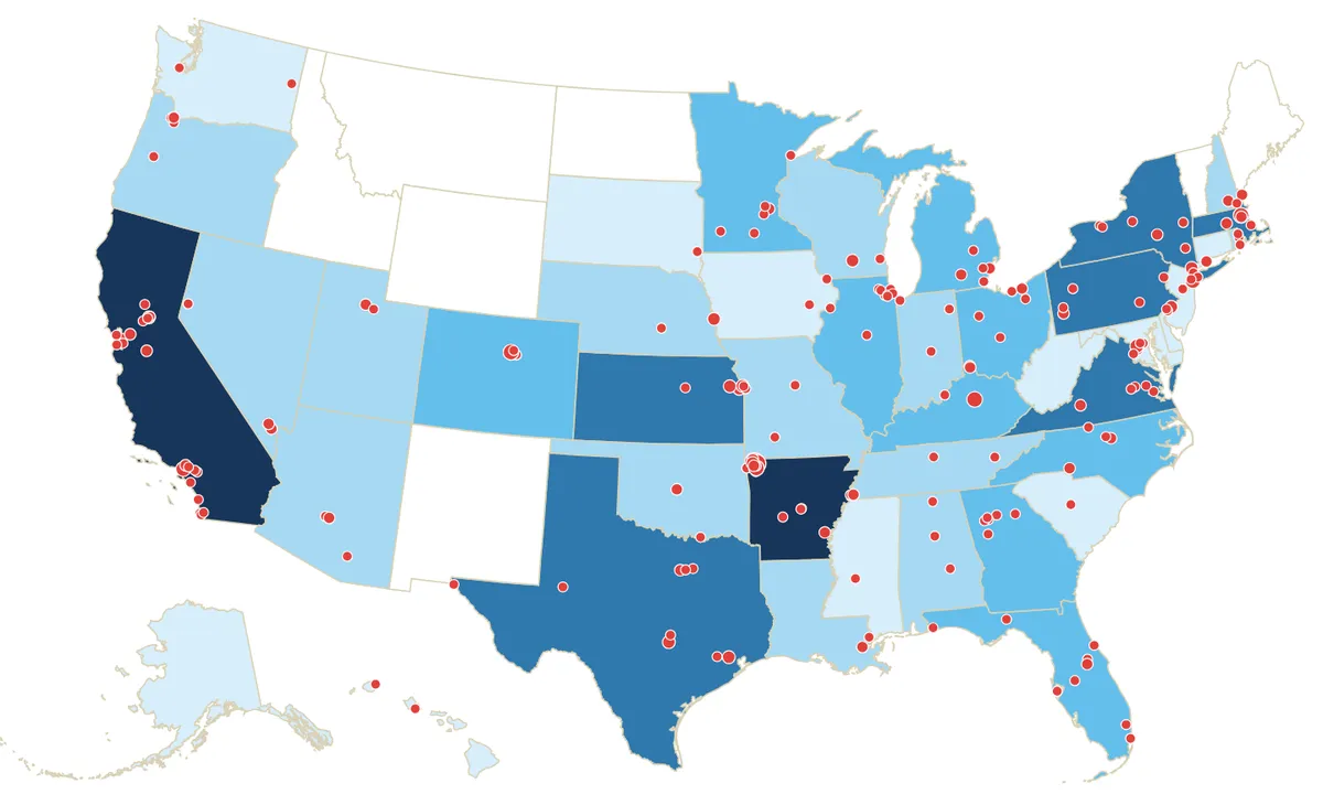 Map of candidates Creative Cabinet has supported across the US